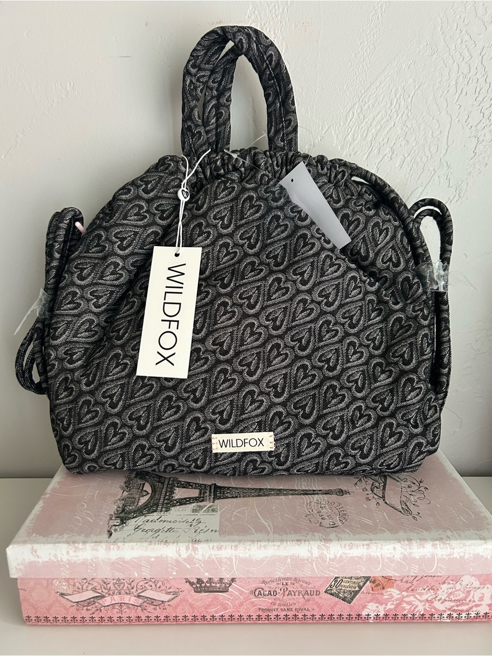 WILDFOX Black & Gray Heart Jacquard Tote